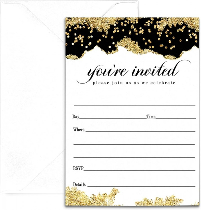 Black and Gold Invitations with Envelopes ( Pack) All Occasion Invites  Blank for Graduation, Bridal Shower, Retirement, Birthday, Luncheon –  Modern