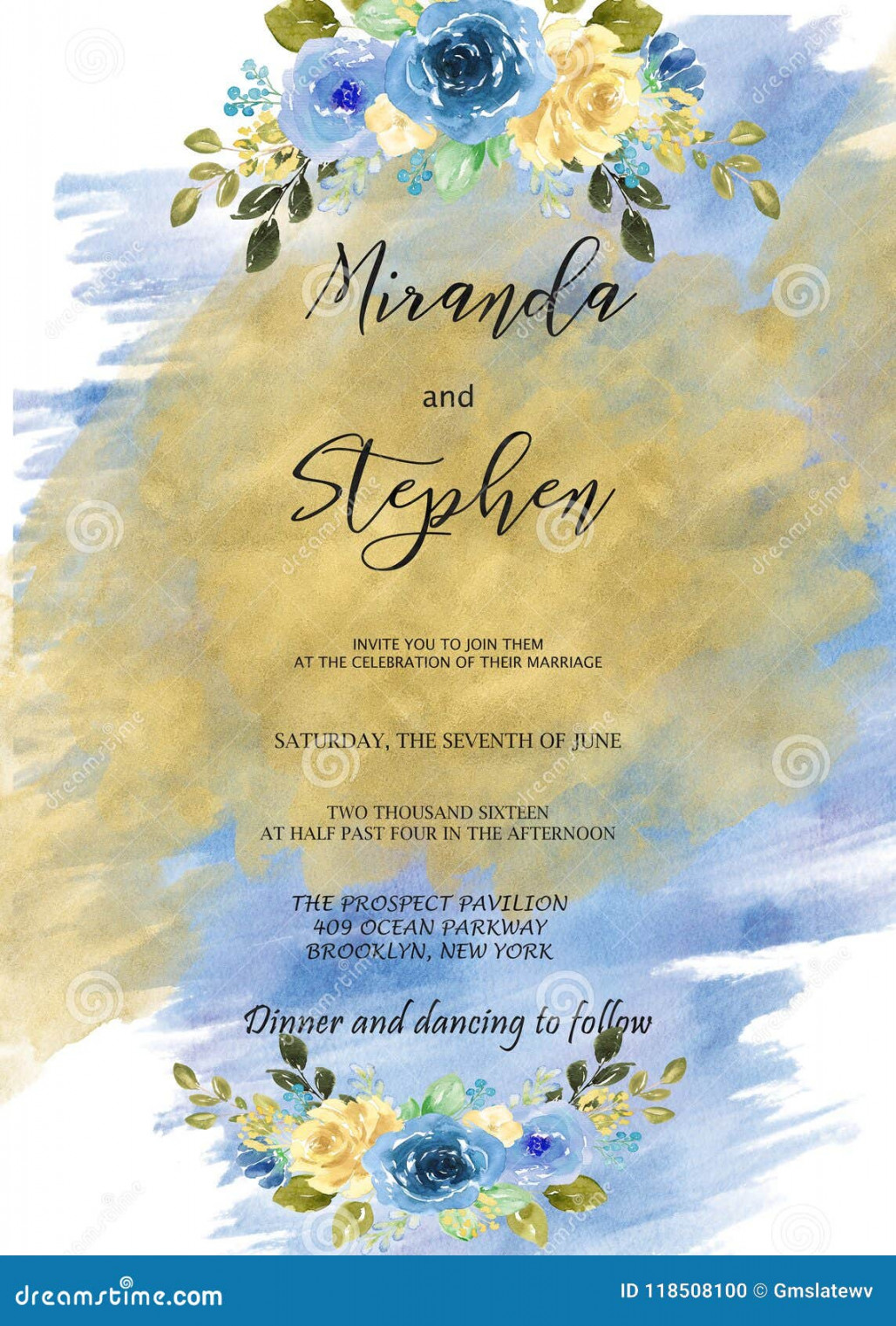 Blue and Gold Watercolor Invitation Template for Weddings Stock