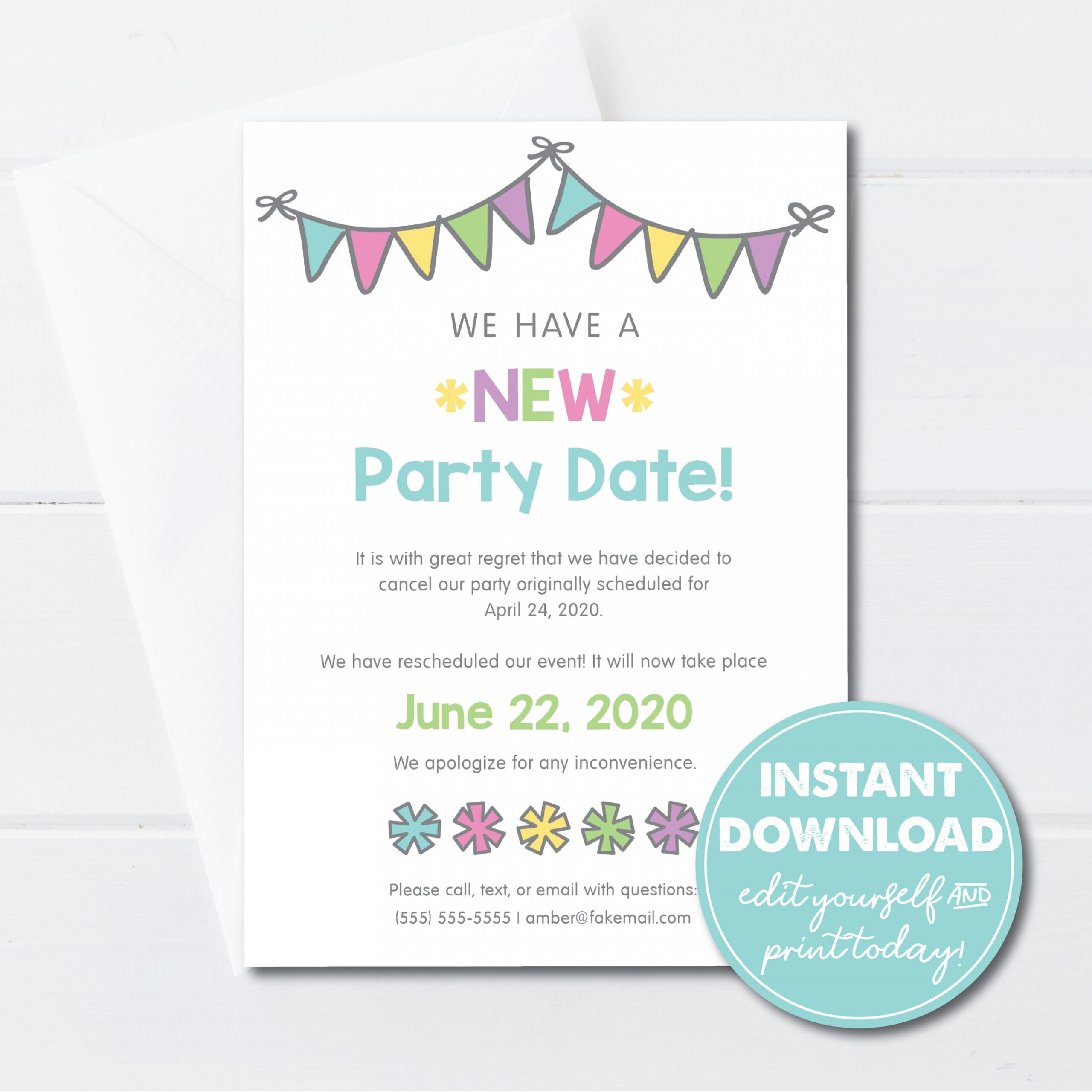 Editable New Party Date Card Template Postponed Rescheduled - Etsy