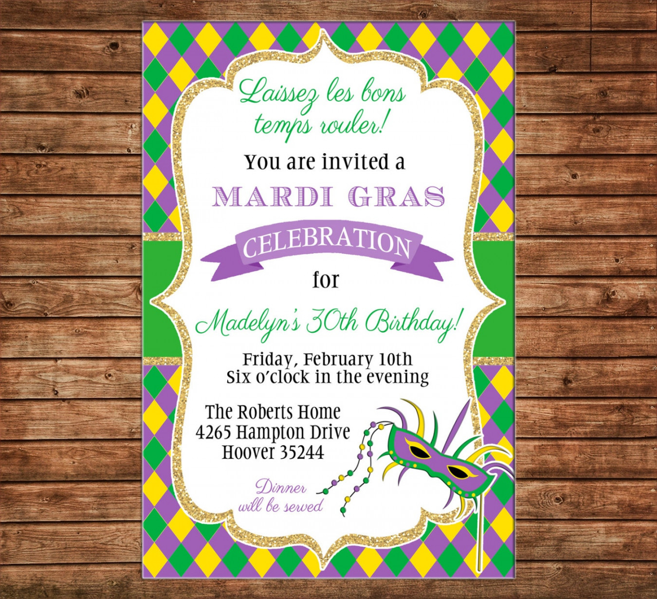 Invitation Mardi Gras Masquerade Ball Birthday Party - Can personalize  colors /wording - Printable File or Printed Cards