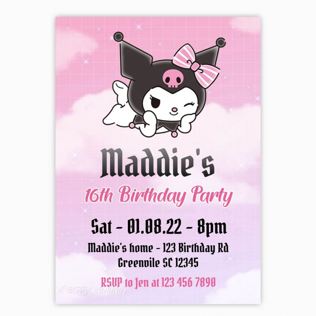 Kuromi Birthday Invitation  Hello kitty invitations, Hello kitty