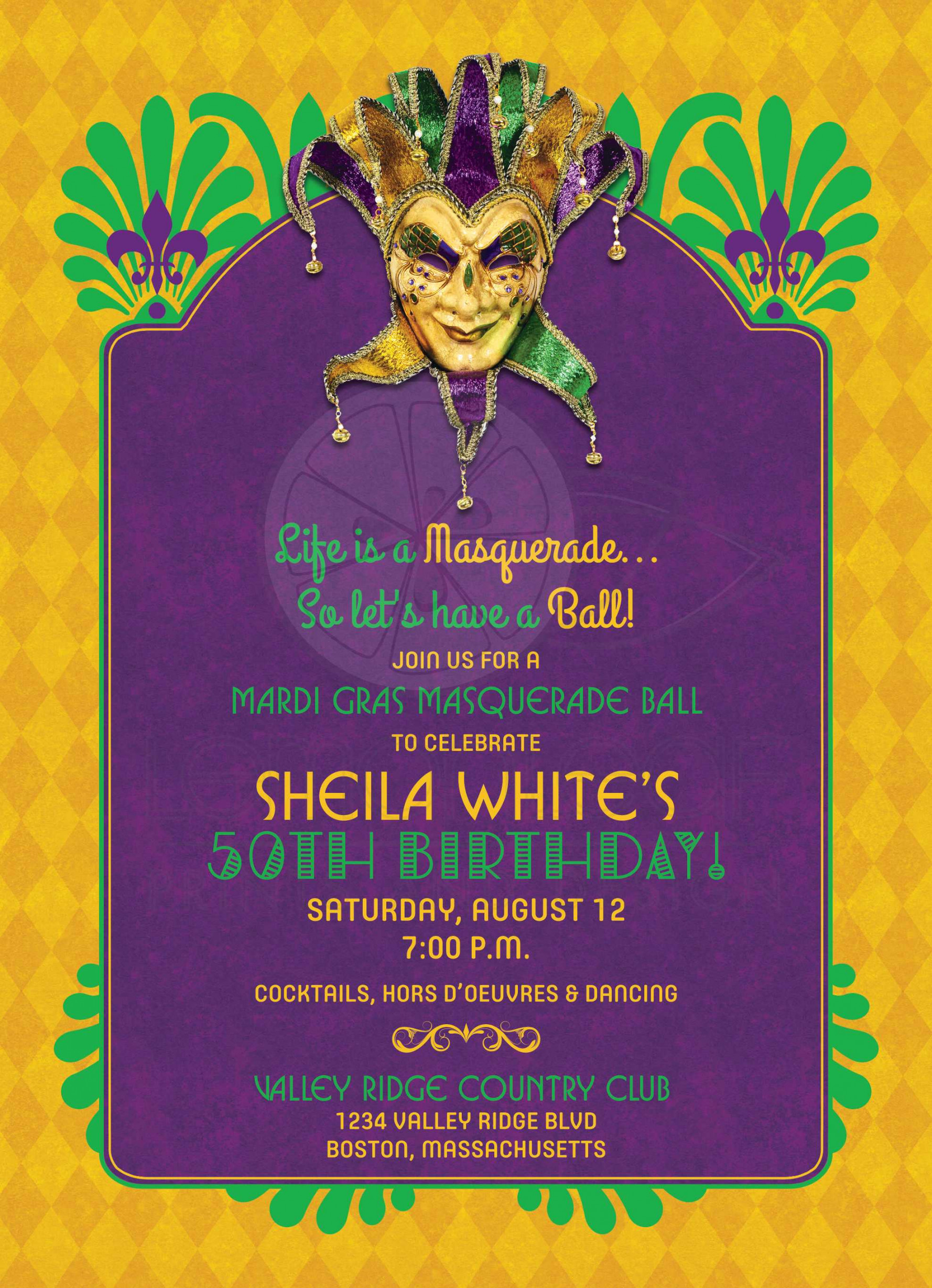 Mardi Gras Birthday Party Invitation Masquerade Purple Gold Green