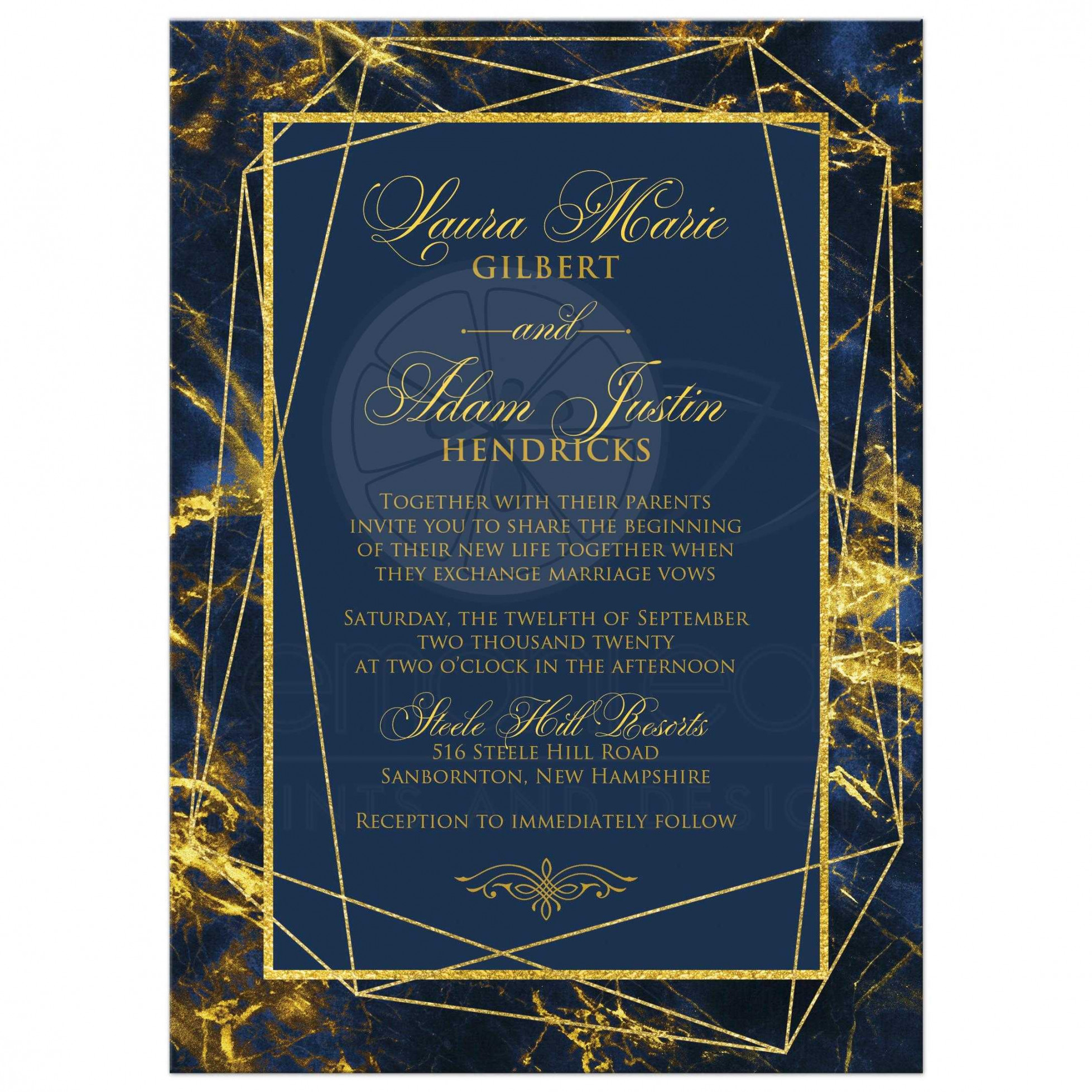 Navy, Royal Blue, Gold Geometric, Cosmic Marble Wedding Invitation