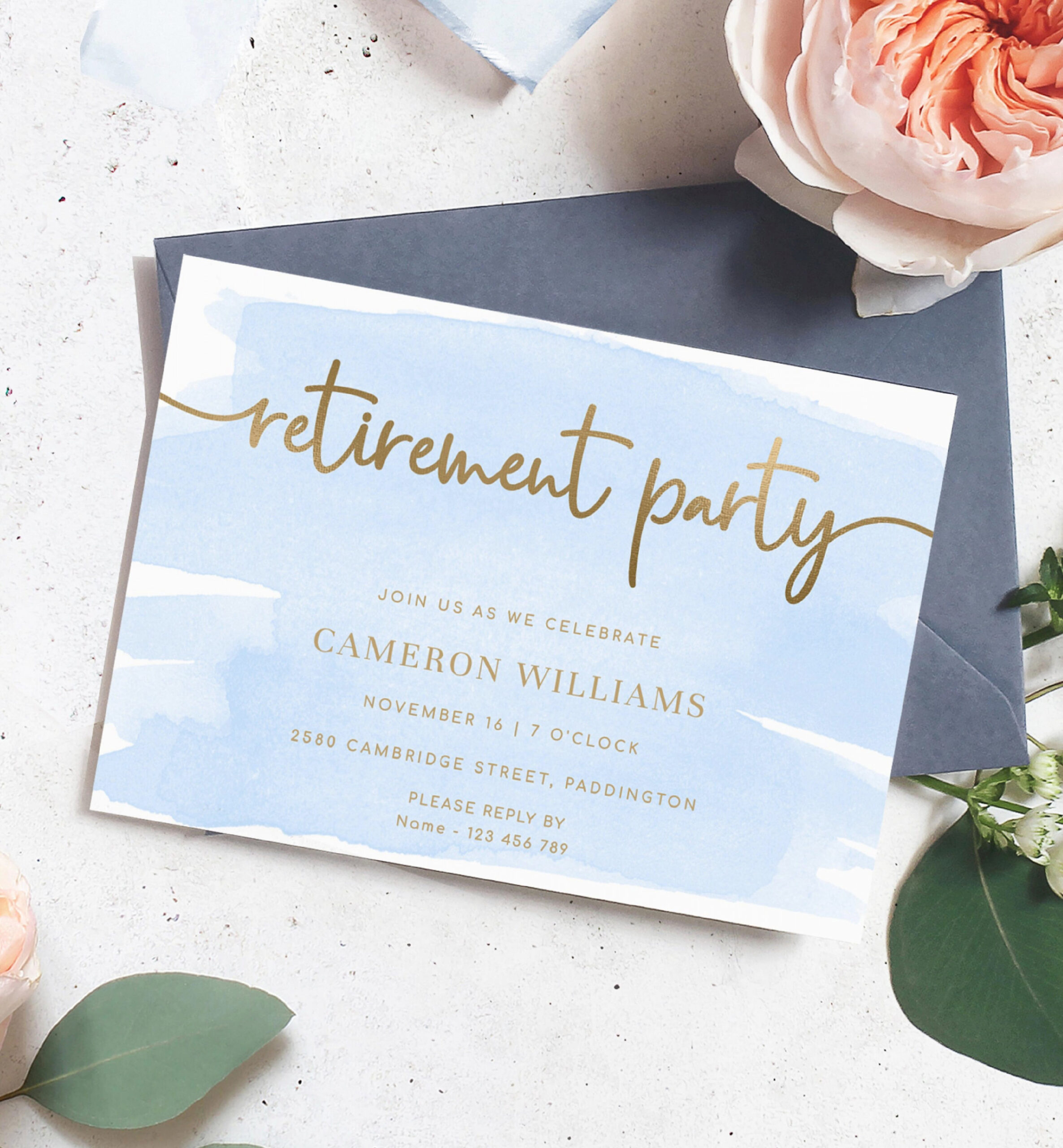 Printable Retirement Party Invitation Blue Watercolour Gold - Etsy