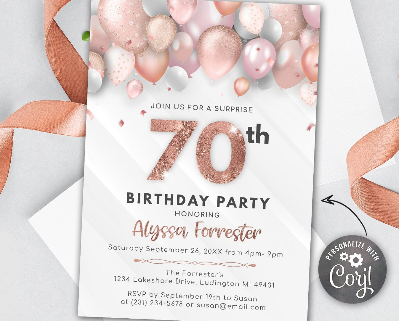 Rose Gold th Birthday Invitation Adult SEVENTY Invite - Etsy