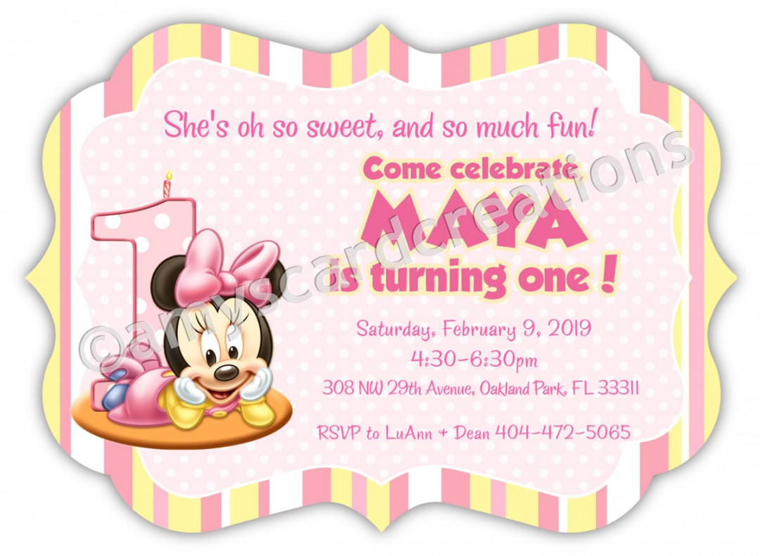 Baby Minnie Mouse First Birthday Invitation Die Cut, Set of  PRINTED  INVITATIONS