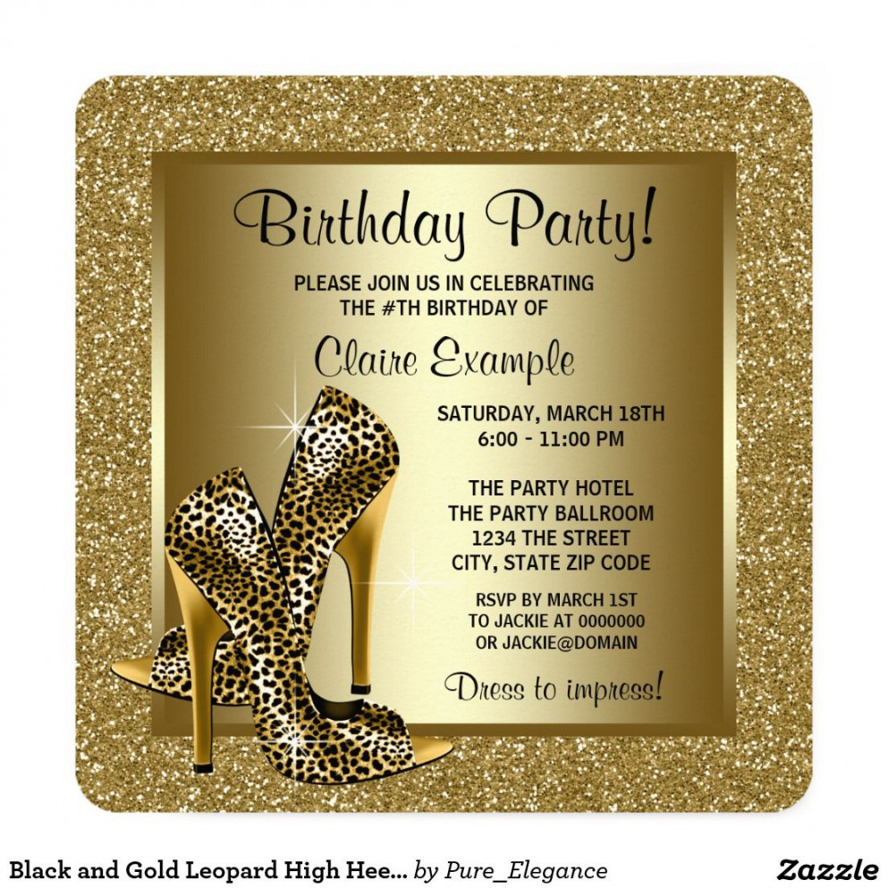 Black and Gold Leopard High Heel Birthday Party Invitation