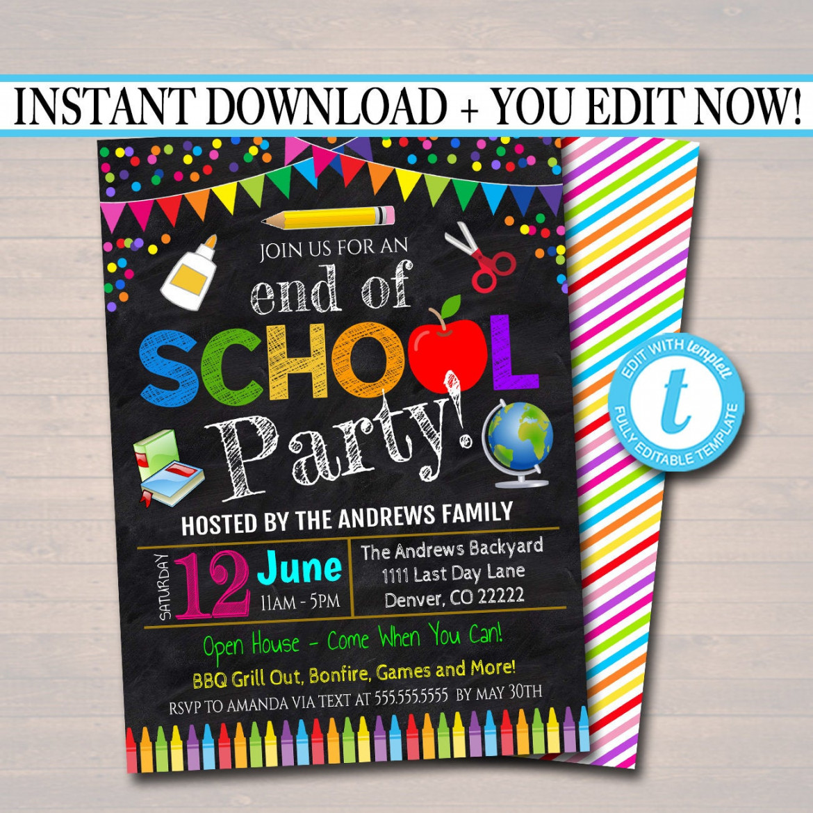 End of School Year Party Invitation - Printable DIY Template