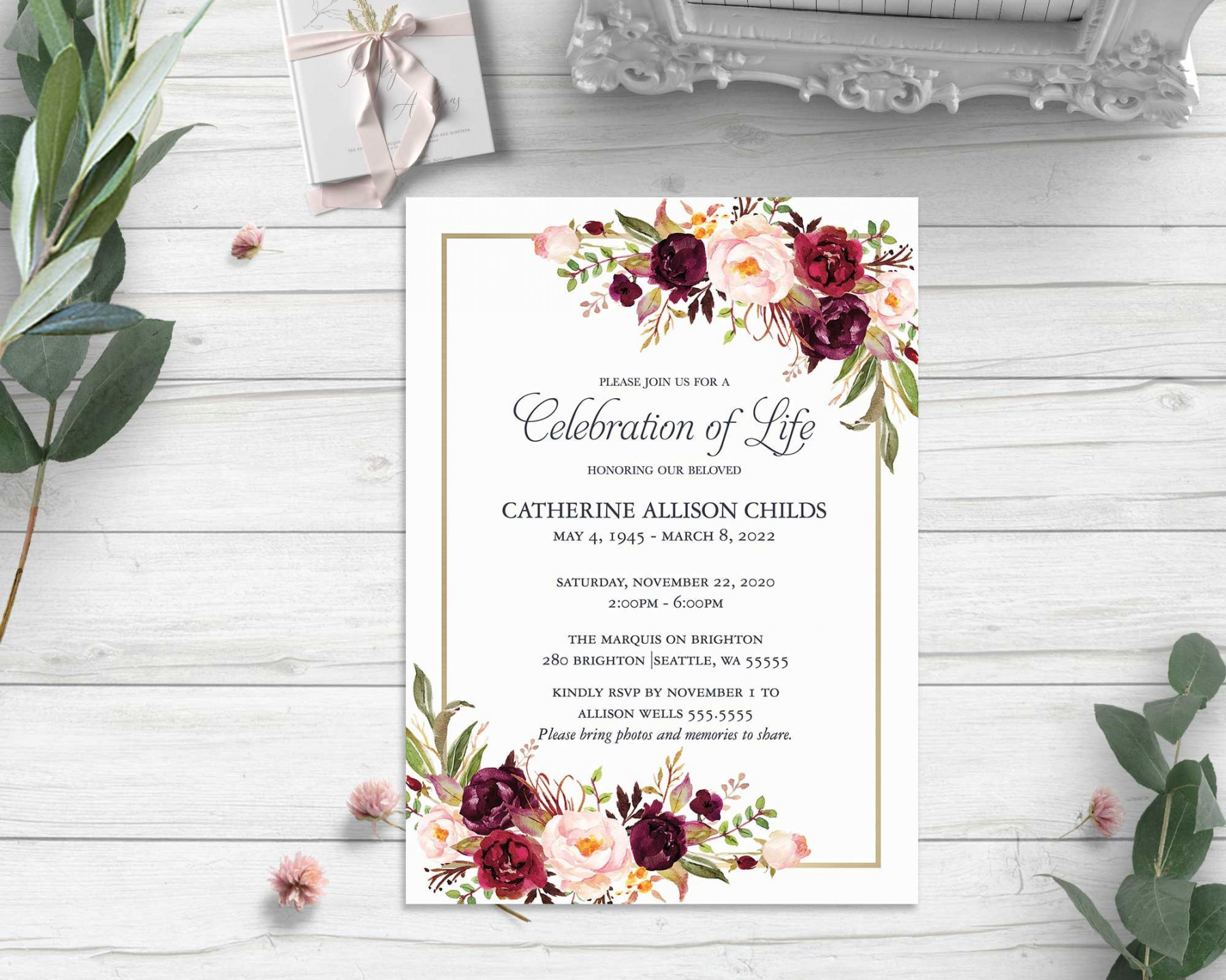 Funeral Card Funeral Invitation Printable Celebration of - Etsy