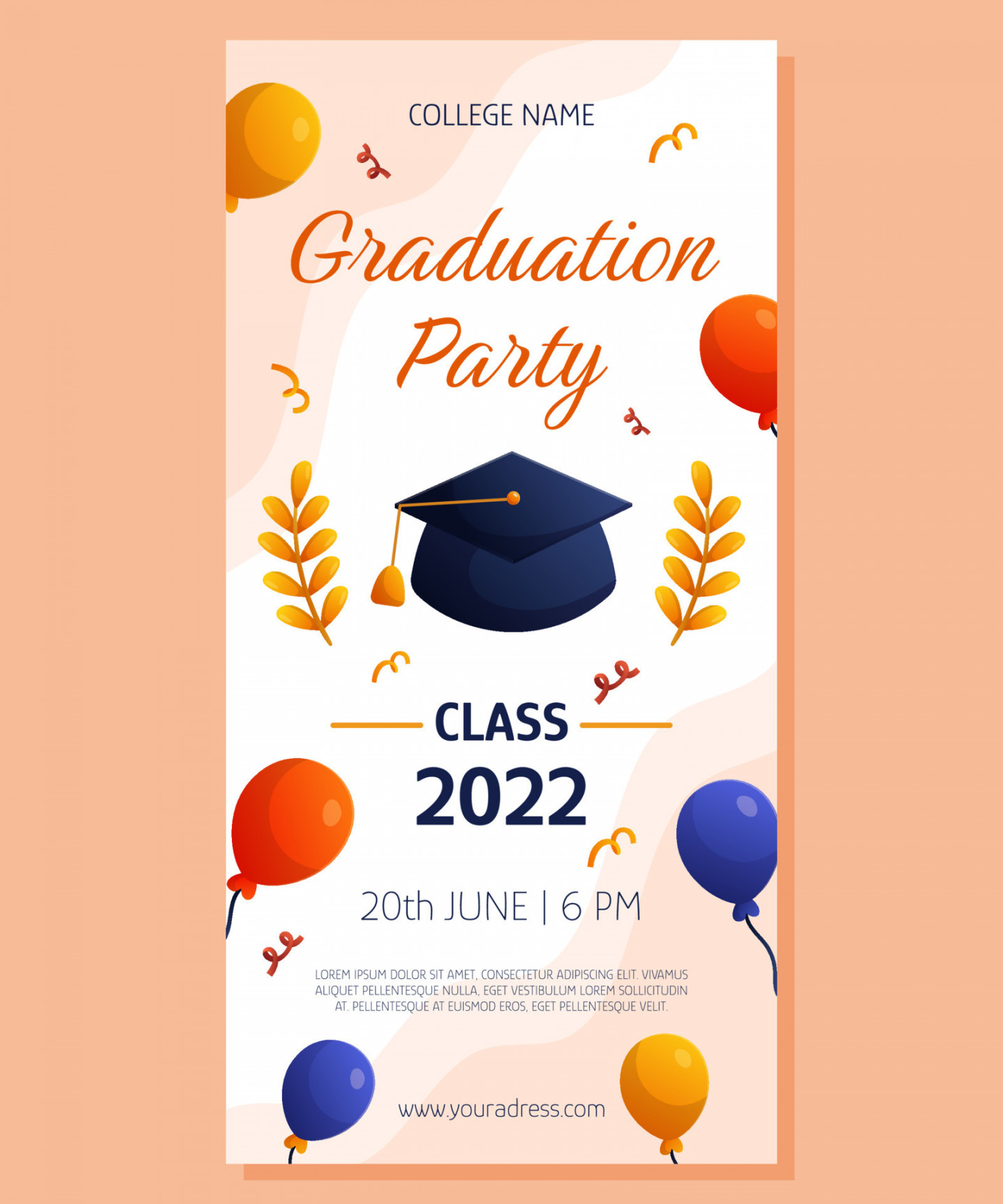 Graduation party vertical banner with ballons, cap and gloden