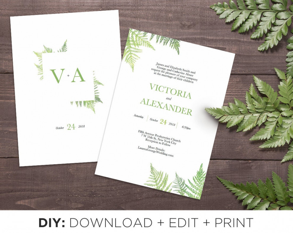 Green Ferns Wedding Invitations Front and Back DIY Editable - Etsy