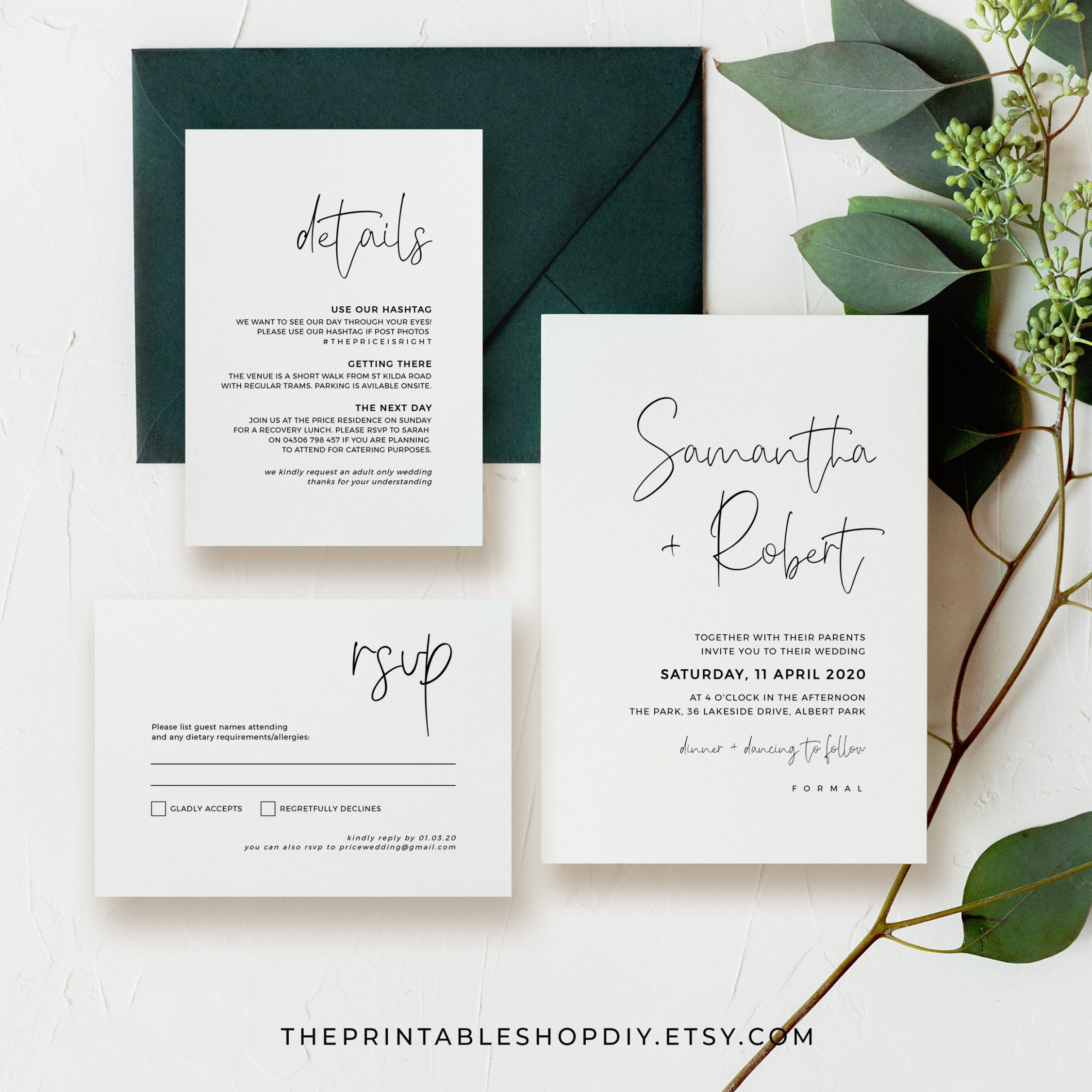 Modern Minimal Wedding Invitation Template Black and White - Etsy