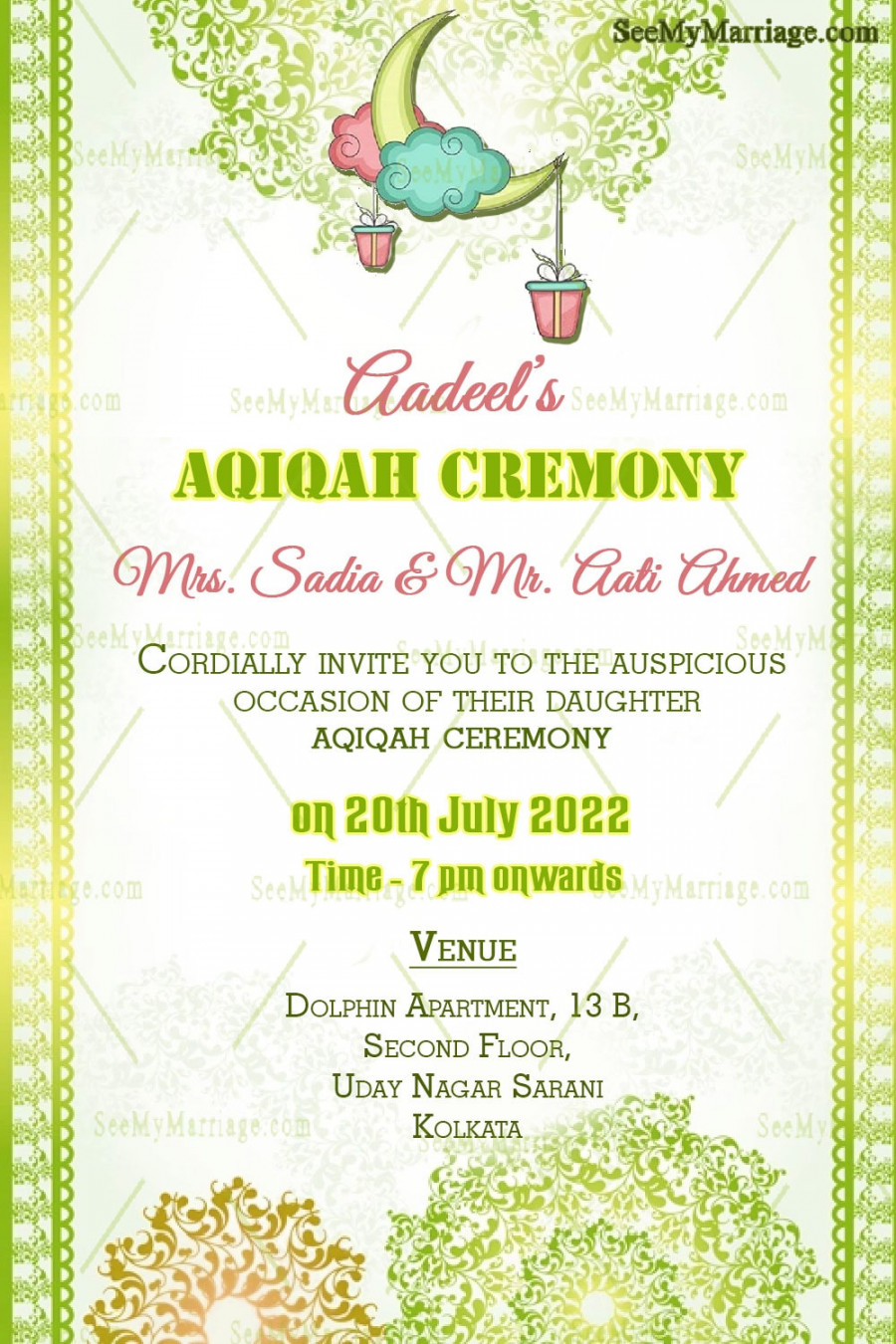 Playful Crescent Moon Theme Aqiqah Invitation Card