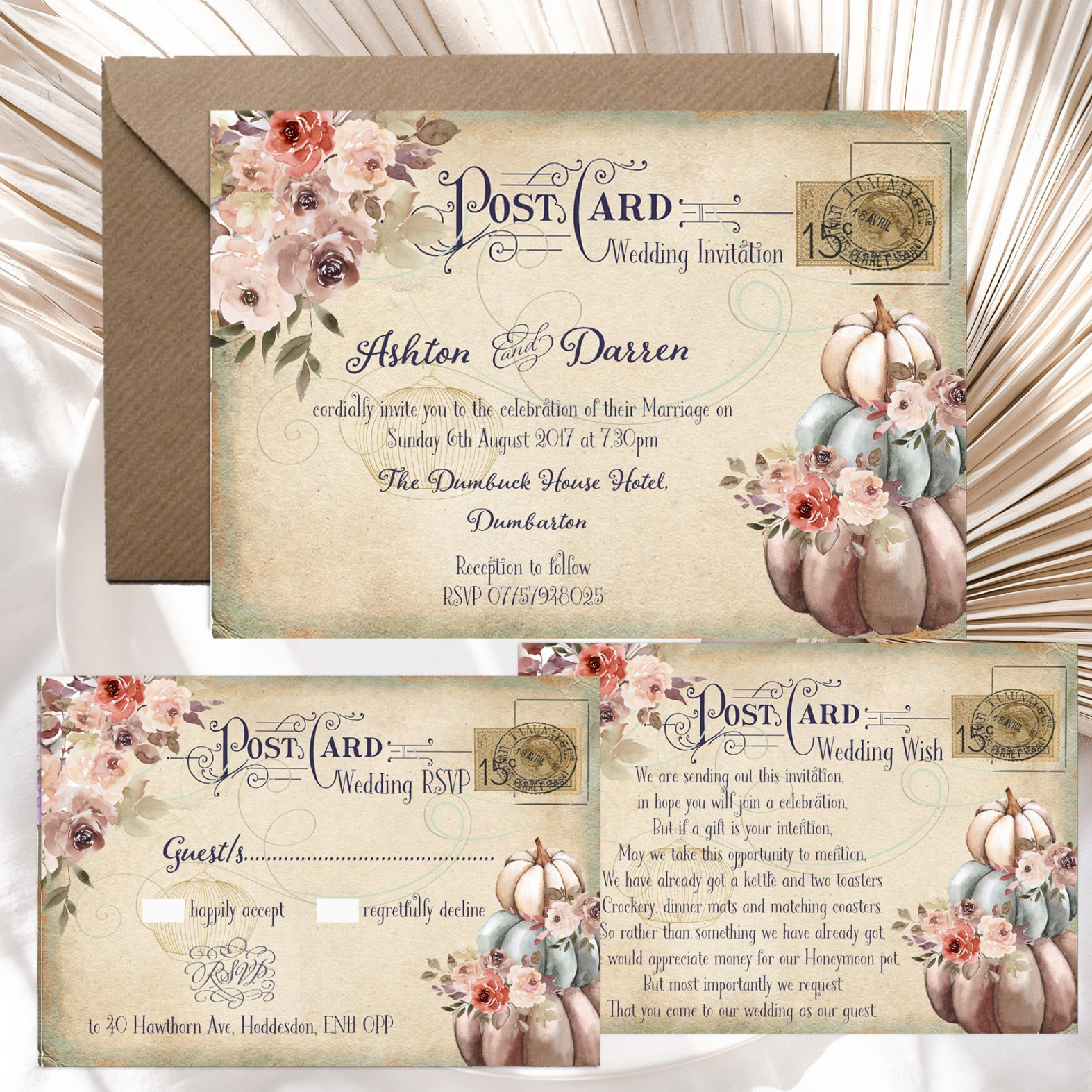 Printed Personalised Wedding Invitations, Floral Vintage Postcard, Autumn  Pumpkins Rusty Floral,Packs of