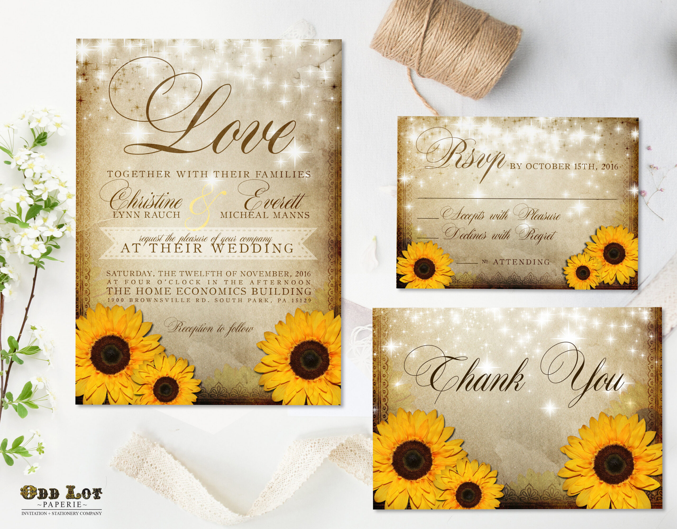 Rustic Sunflower Wedding Invitation and RSVP Yellow Sunflower - Etsy