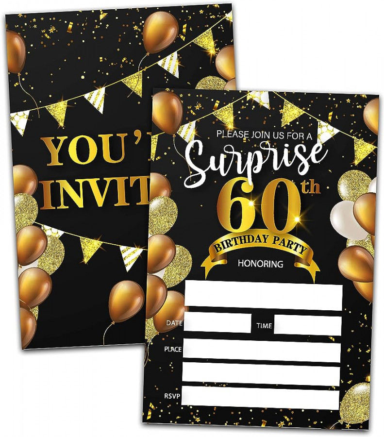 Surprise th Birthday Party Invitations with Envelopes, " x " Black and  Gold Birthday Invitations For Filling Confetti Streamers Party Invitations