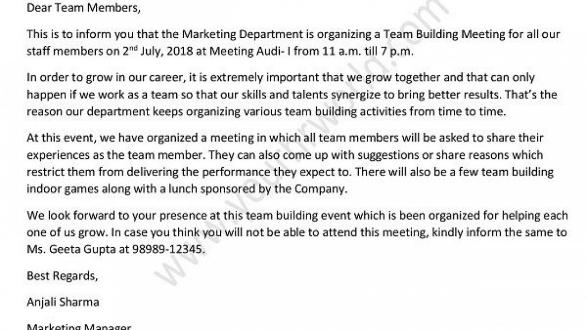 Team Building Meeting Invitation Email Sample  HR Letter Formats