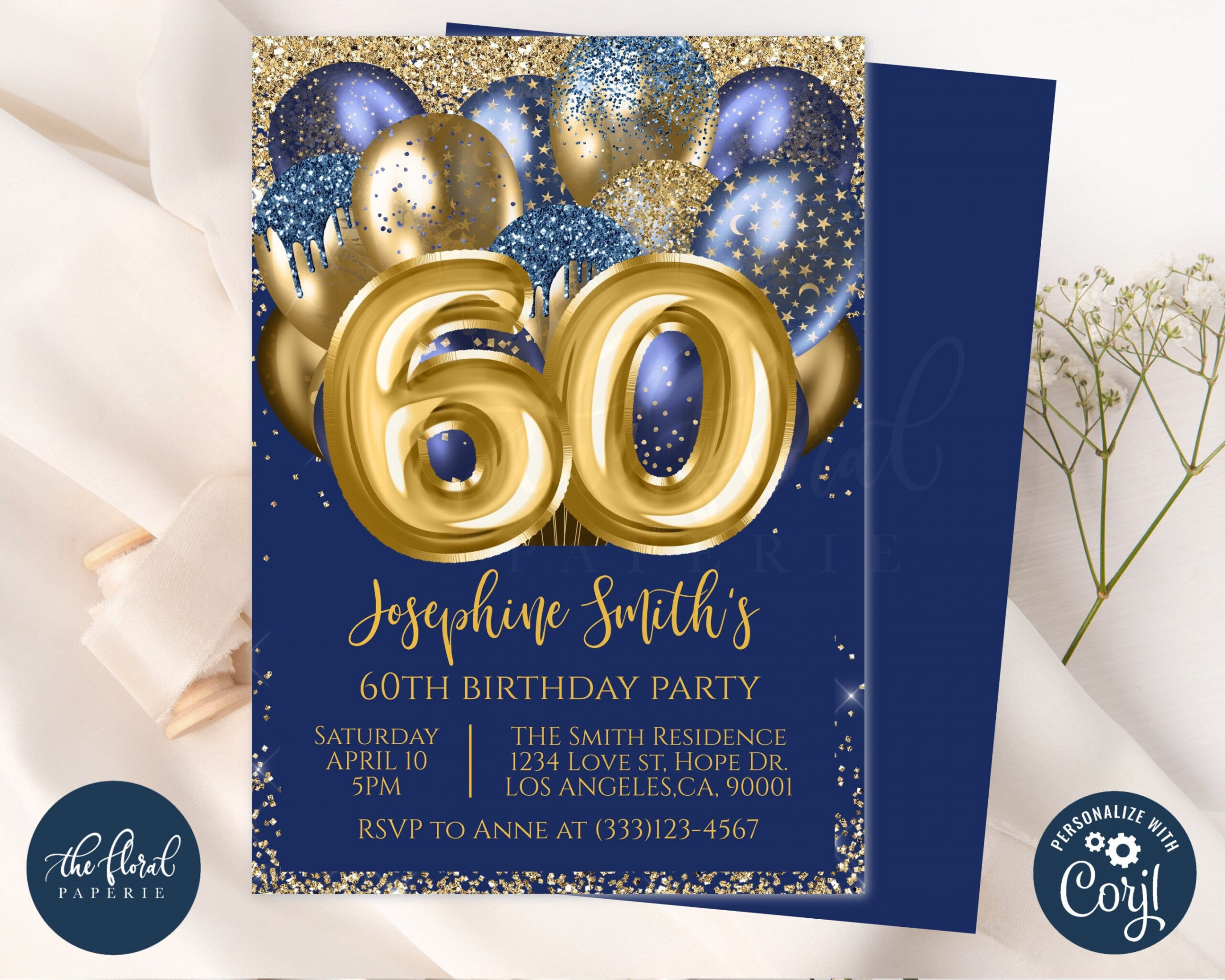 th birthday invitation template navy blue and gold - Etsy