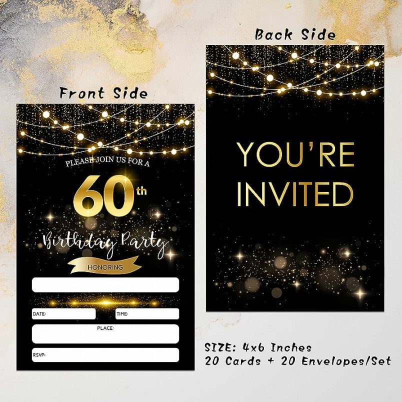 th Birthday Invitations with Envelopes - Black Gold Glitter to