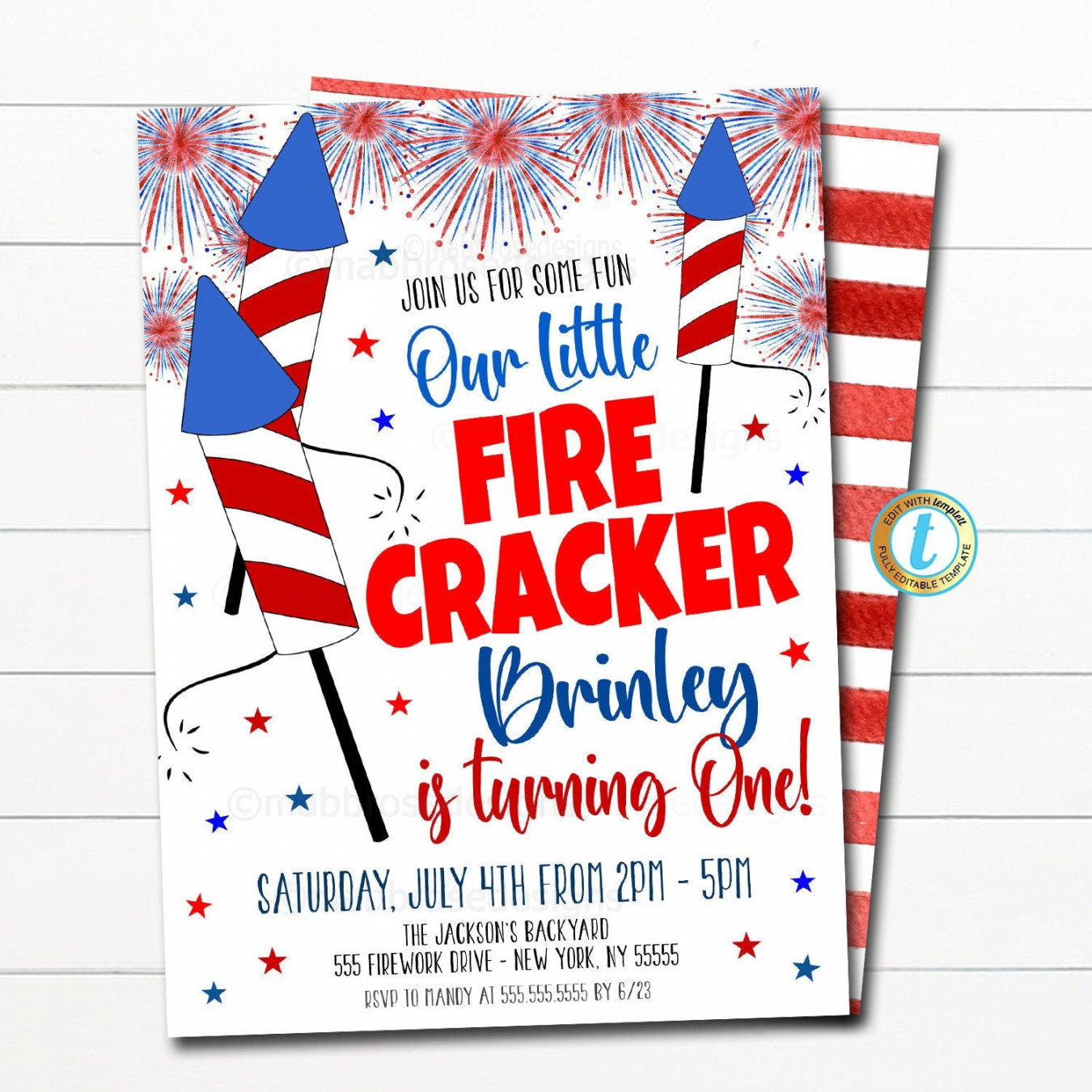 th of July Invitation, Firecracker Invitation, Kids Birthday backyard  summer party, Firework Invite, Fourth of july first birthday EDITABLE