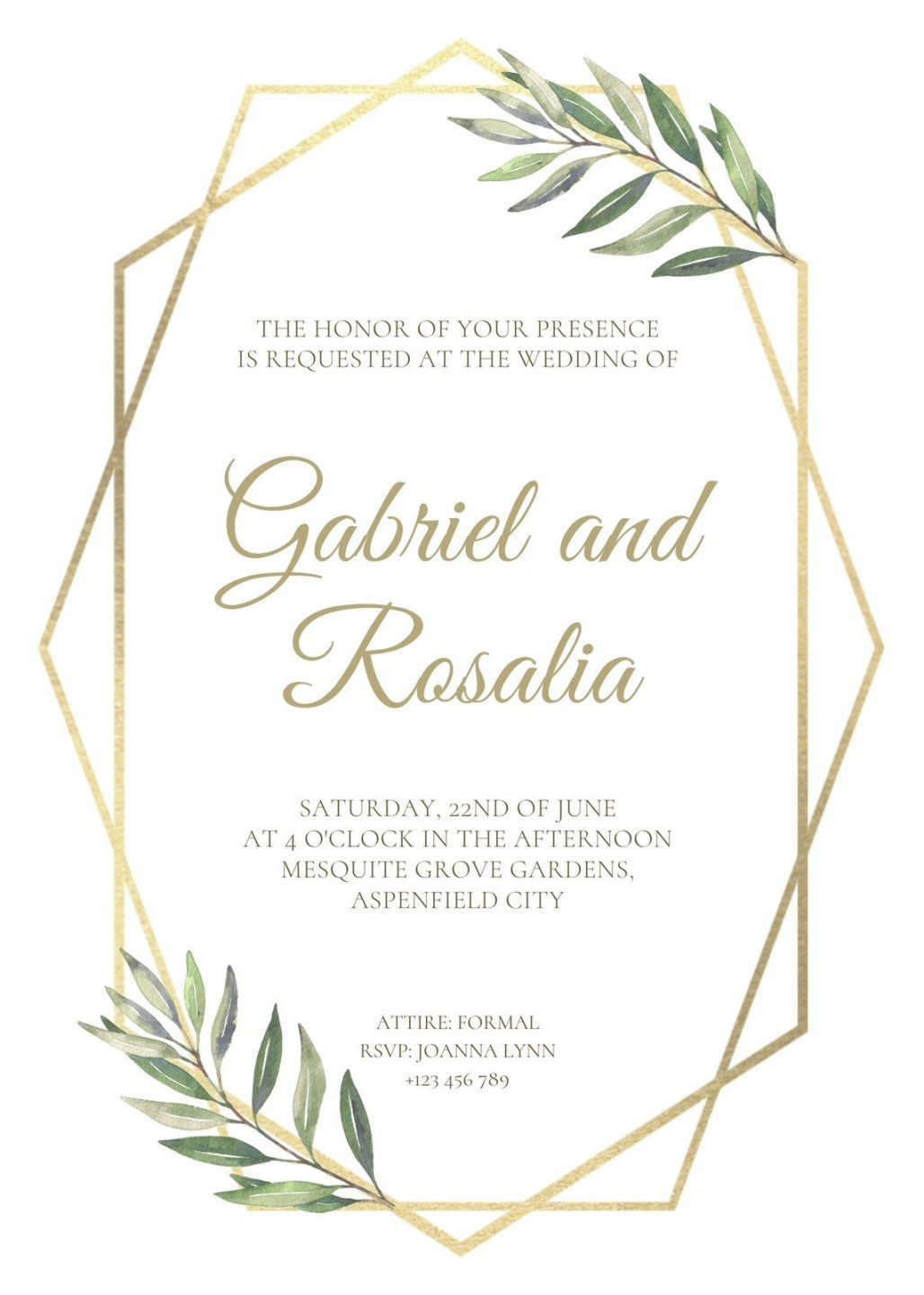 White and Gold Bordered Geometric Floral Wedding Invitation