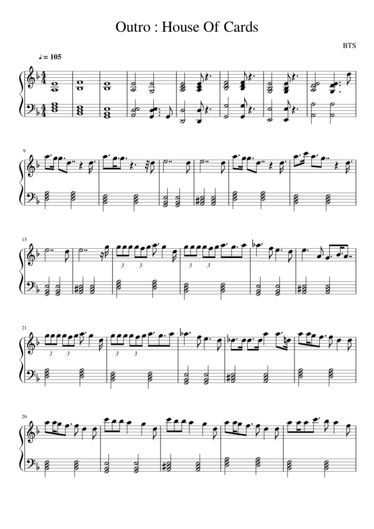 BTS - Outro House Of Cards Sheet music for Piano  Download free