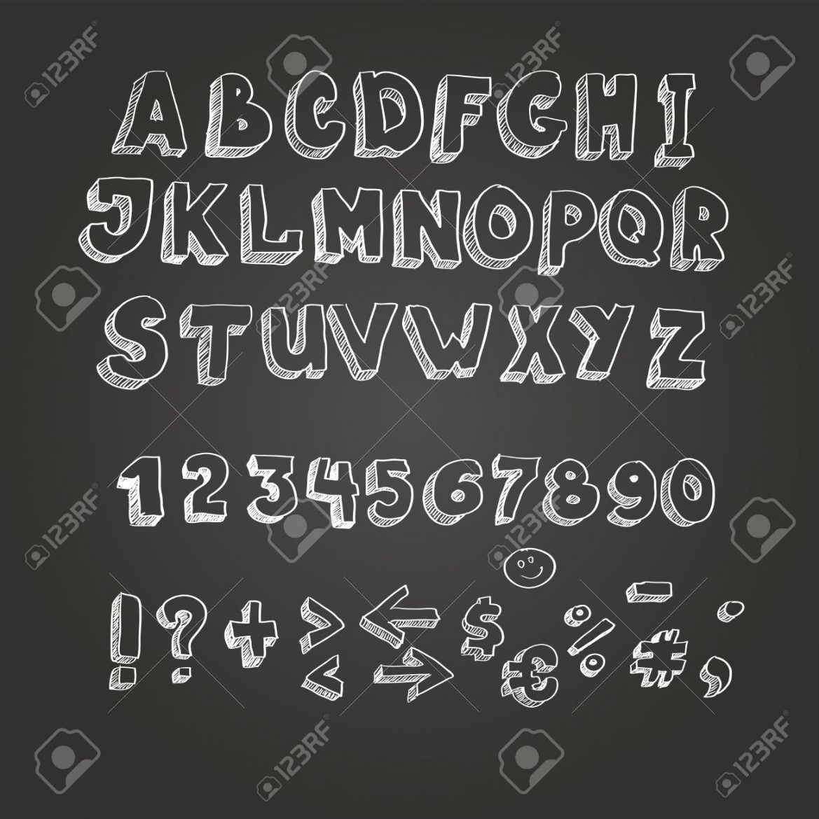 Chalk On Blackboard Style Alphabet, White Letters Stock Photo