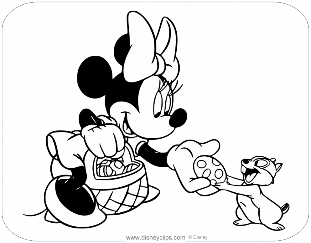 Coloring page of Minnie Mouse handing an Easter egg from her