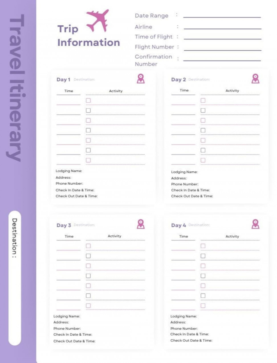 Day Travel Itinerary Template Printable Travel Planner - Etsy