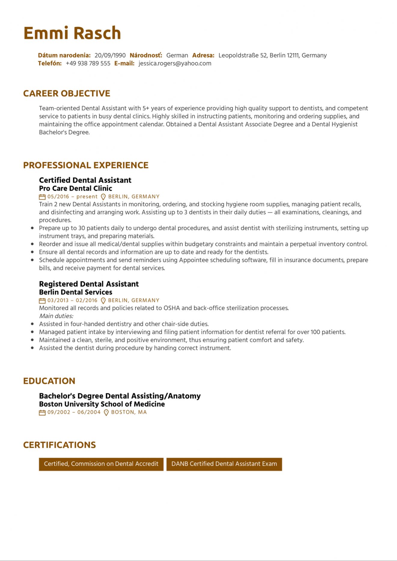 Dental Assistant CV Sample  Kickresume