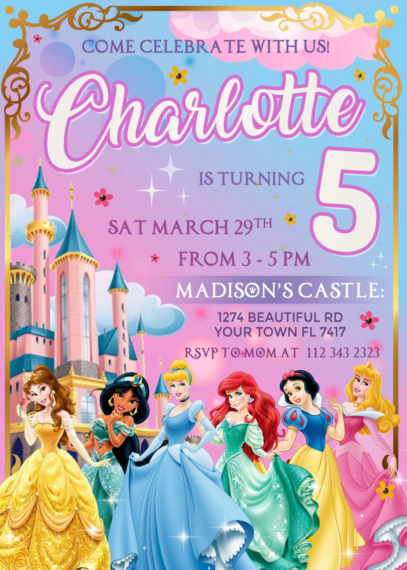 Disney Princess Birthday Invitation  Lovely Invite  Princess