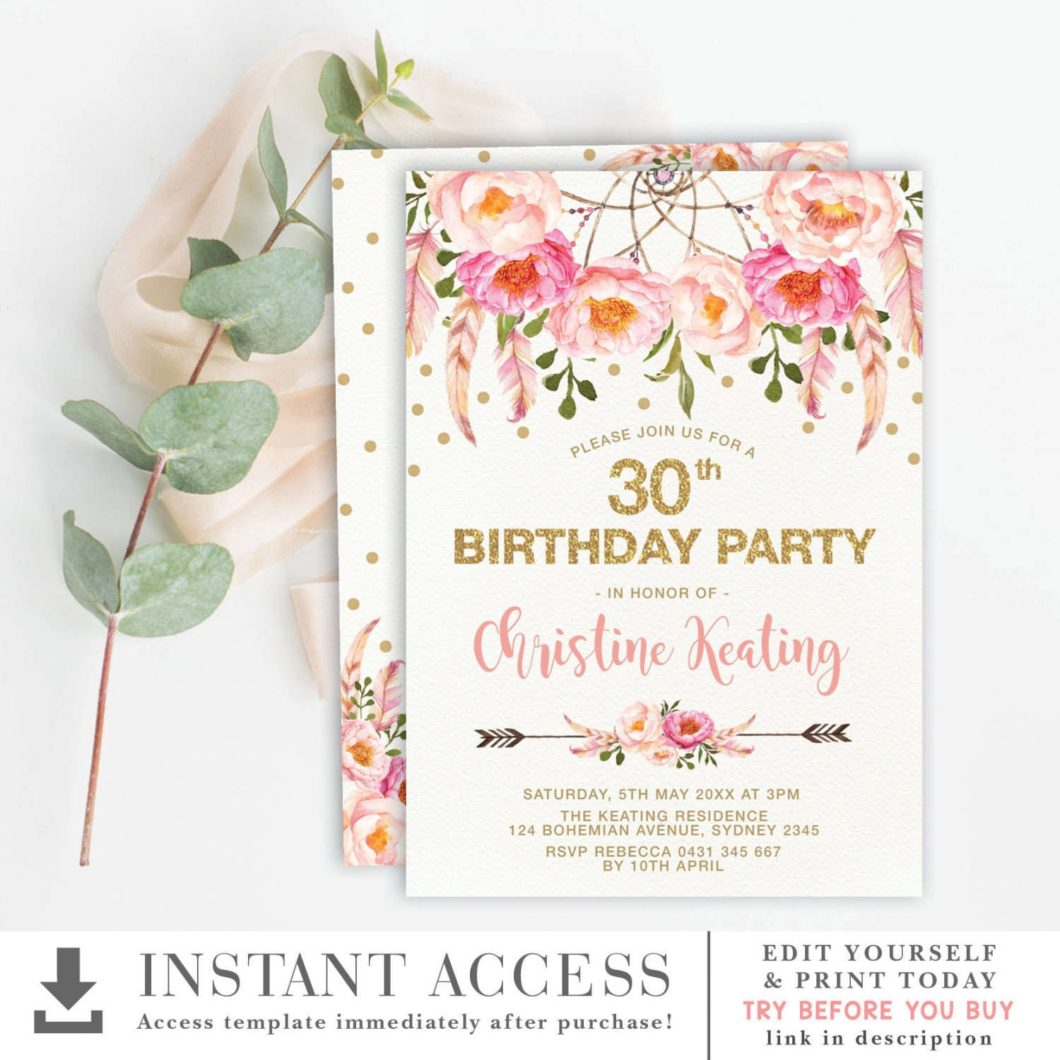 EDITABLE Boho th Birthday Invitation