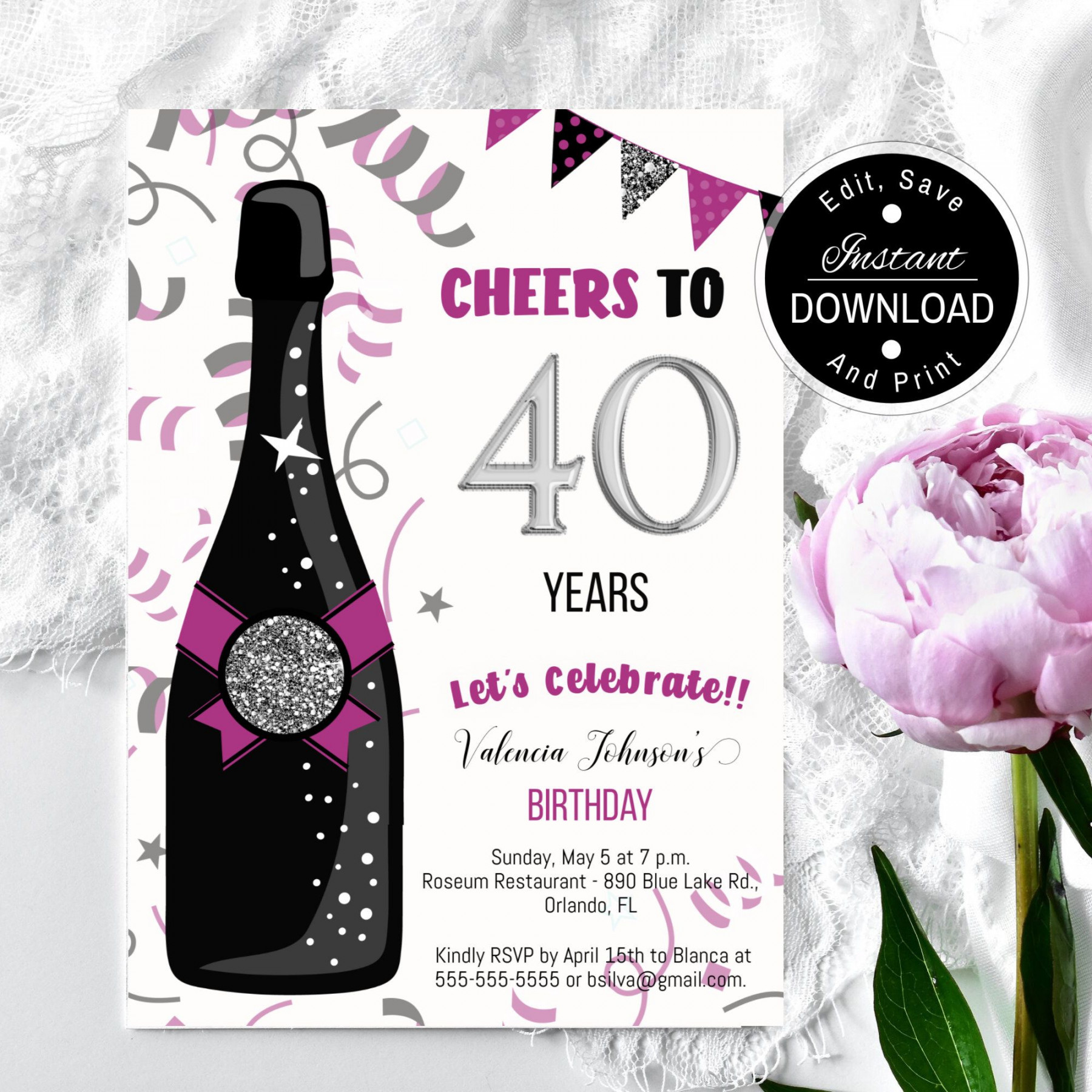 Editable th Birthday Invitation Template for Woman Instant