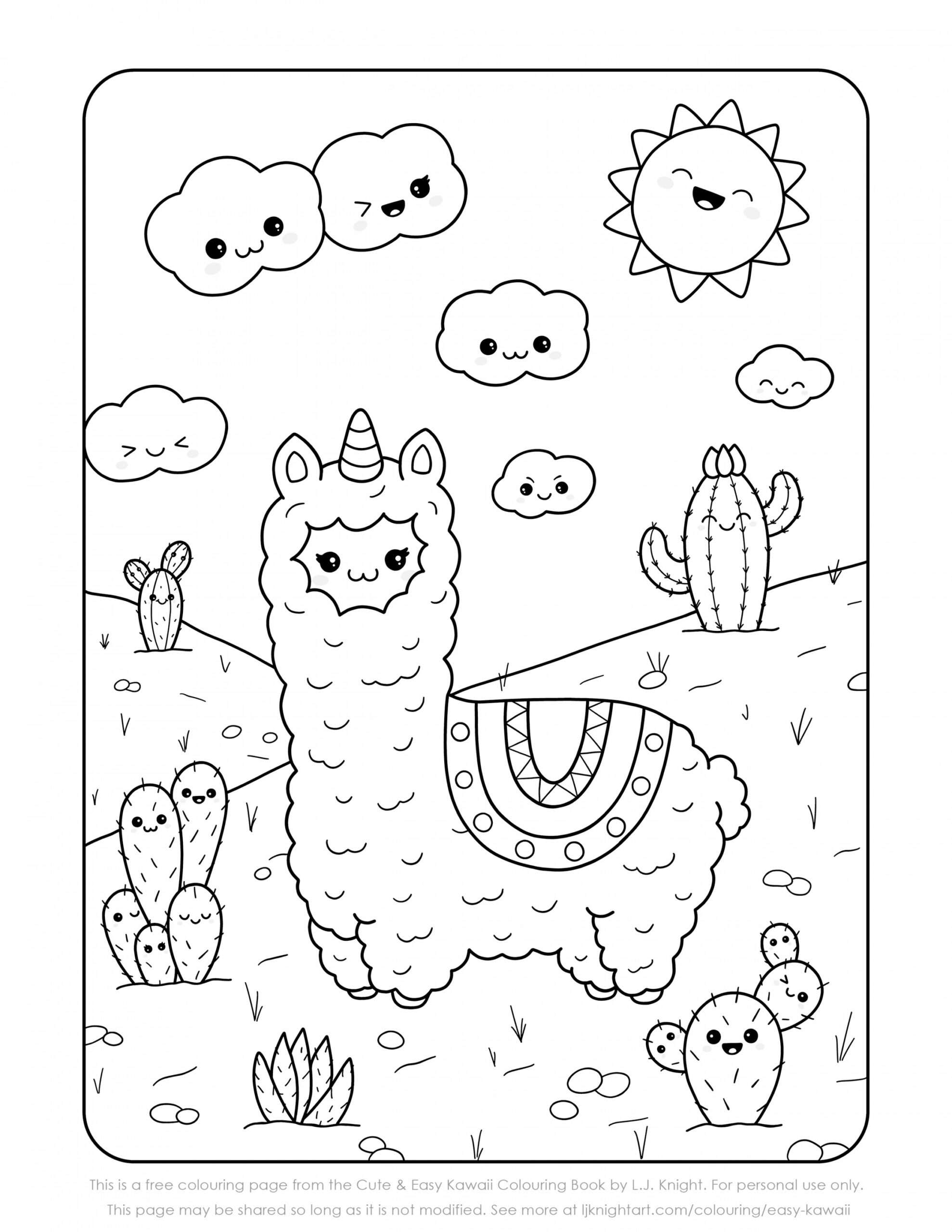 Free Cute Kawaii Llama Printable Colouring Page  L.J