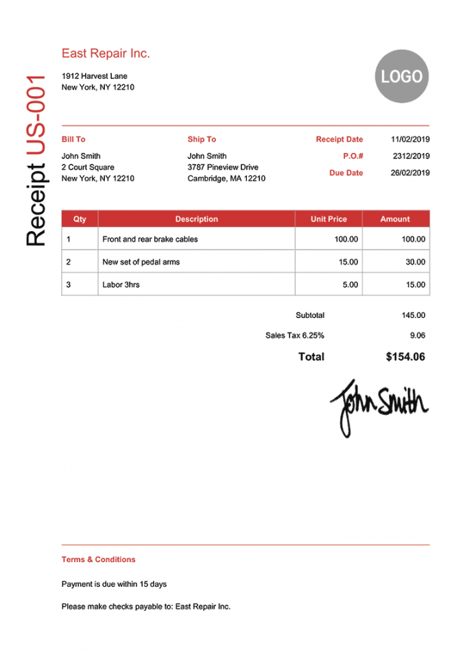 Free Receipt Templates  Print & Email Receipts as PDF