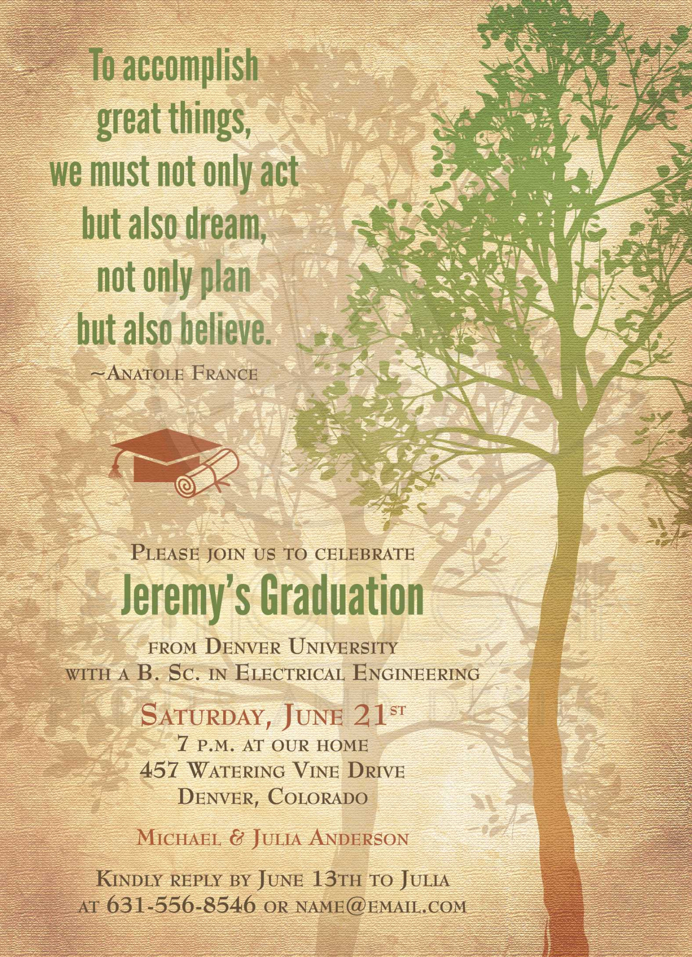 Graduation Invitation  Rustic Tree Quote College University