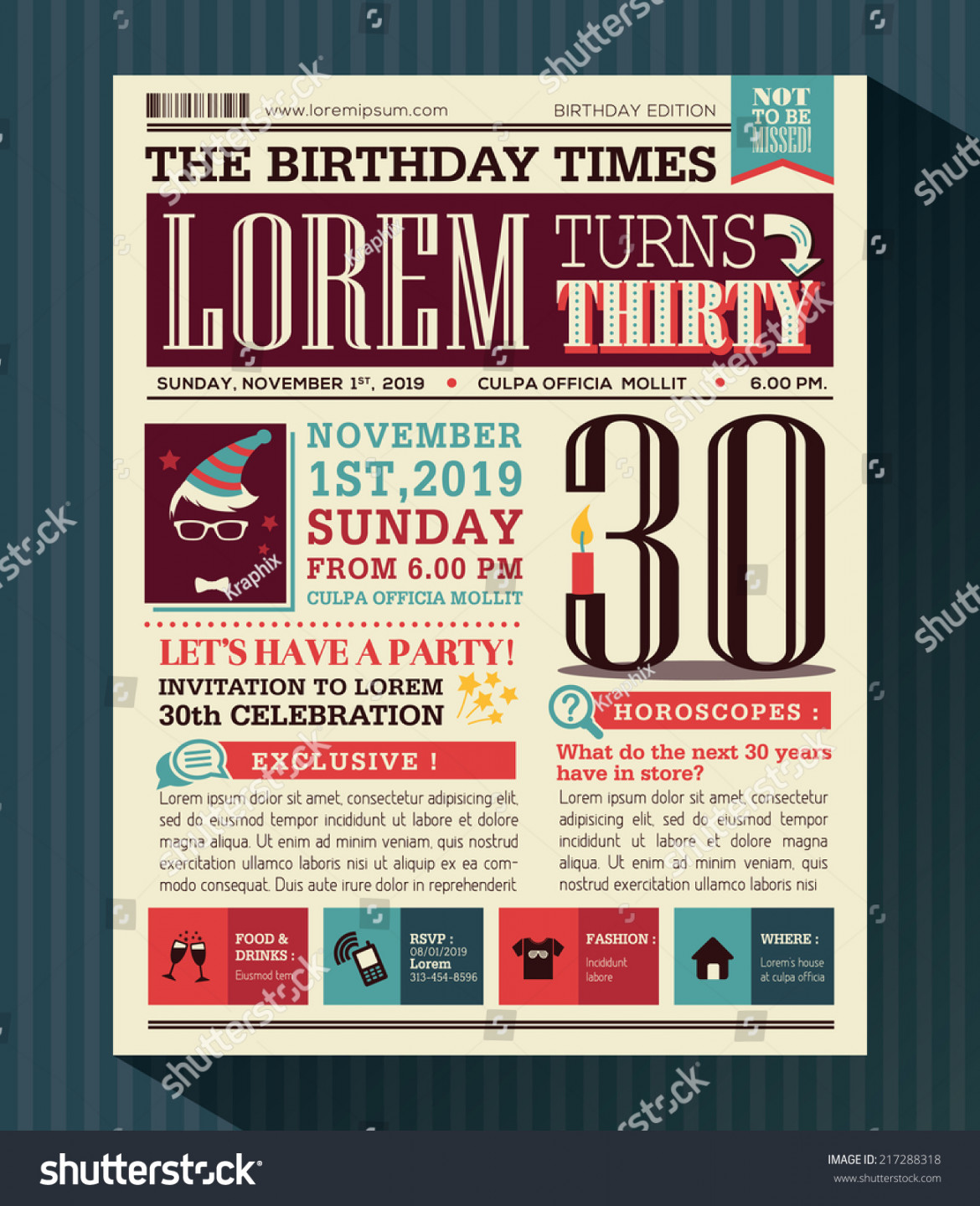 Happy Birthday Party-Karte Vektordesign-Layout im Zeitungsstil