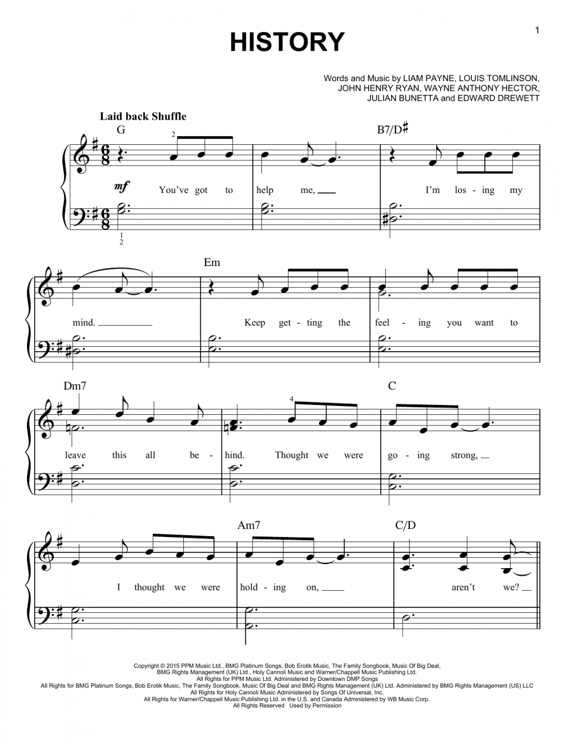 History Sheet Music  One Direction  Easy Piano  Sheet music