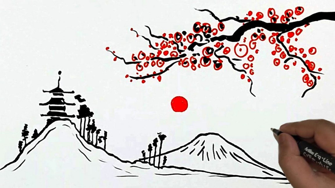 How to Draw Japanese Landscape. Easy Japanese Scenery Drawing. Ripon