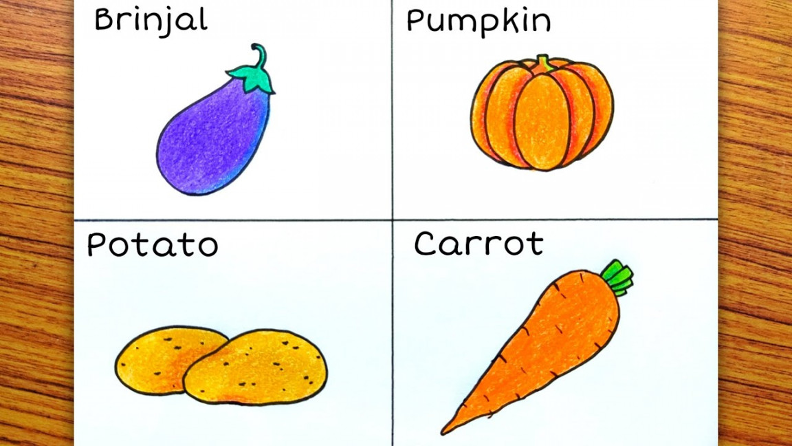 How to Draw Vegetables Easy Method/Vegetable Drawing with Colour/Draw  Brinjal,Pumpkin,Potato,Carrot