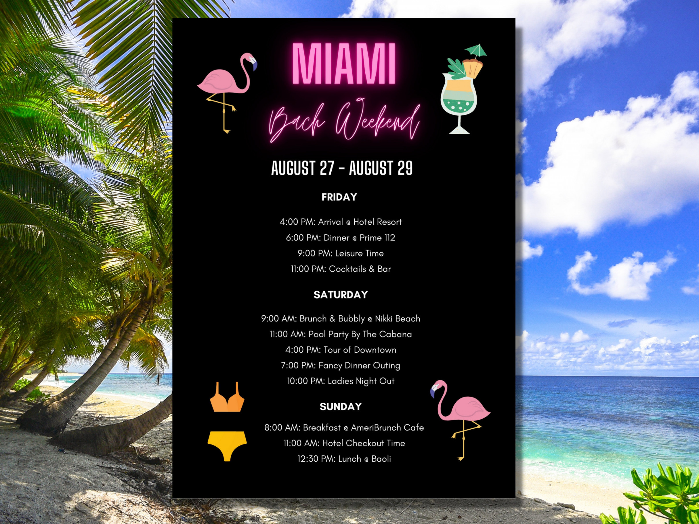 Miami Itinerary Template Miami Bachelorette Itinerary - Etsy