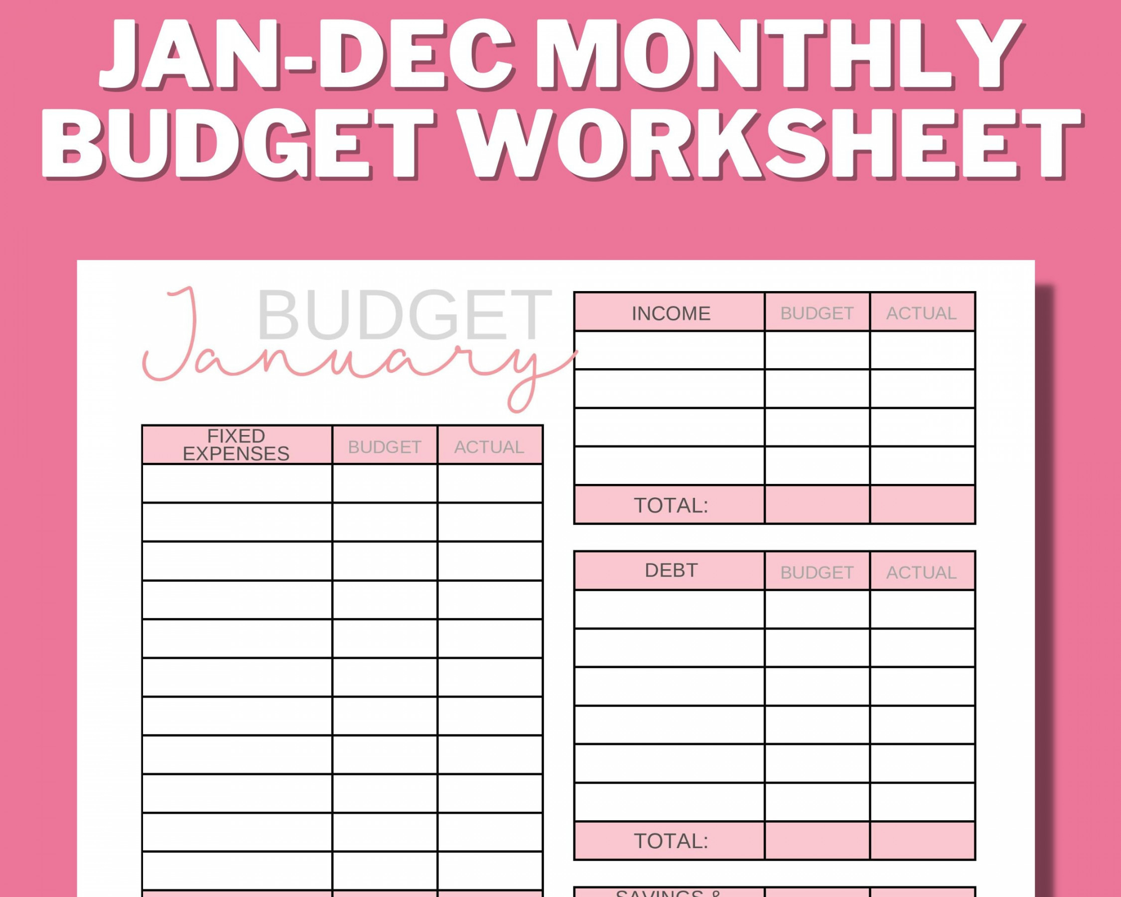 MONTH BUDGET WORKSHEET Printable Zero Based Budget - Etsy