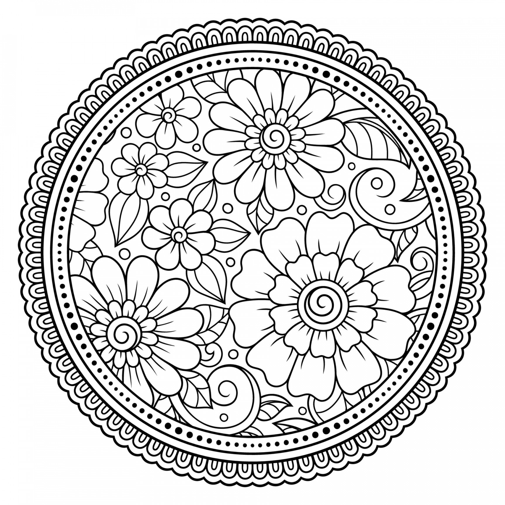 Outline round flower pattern for adults coloring book page