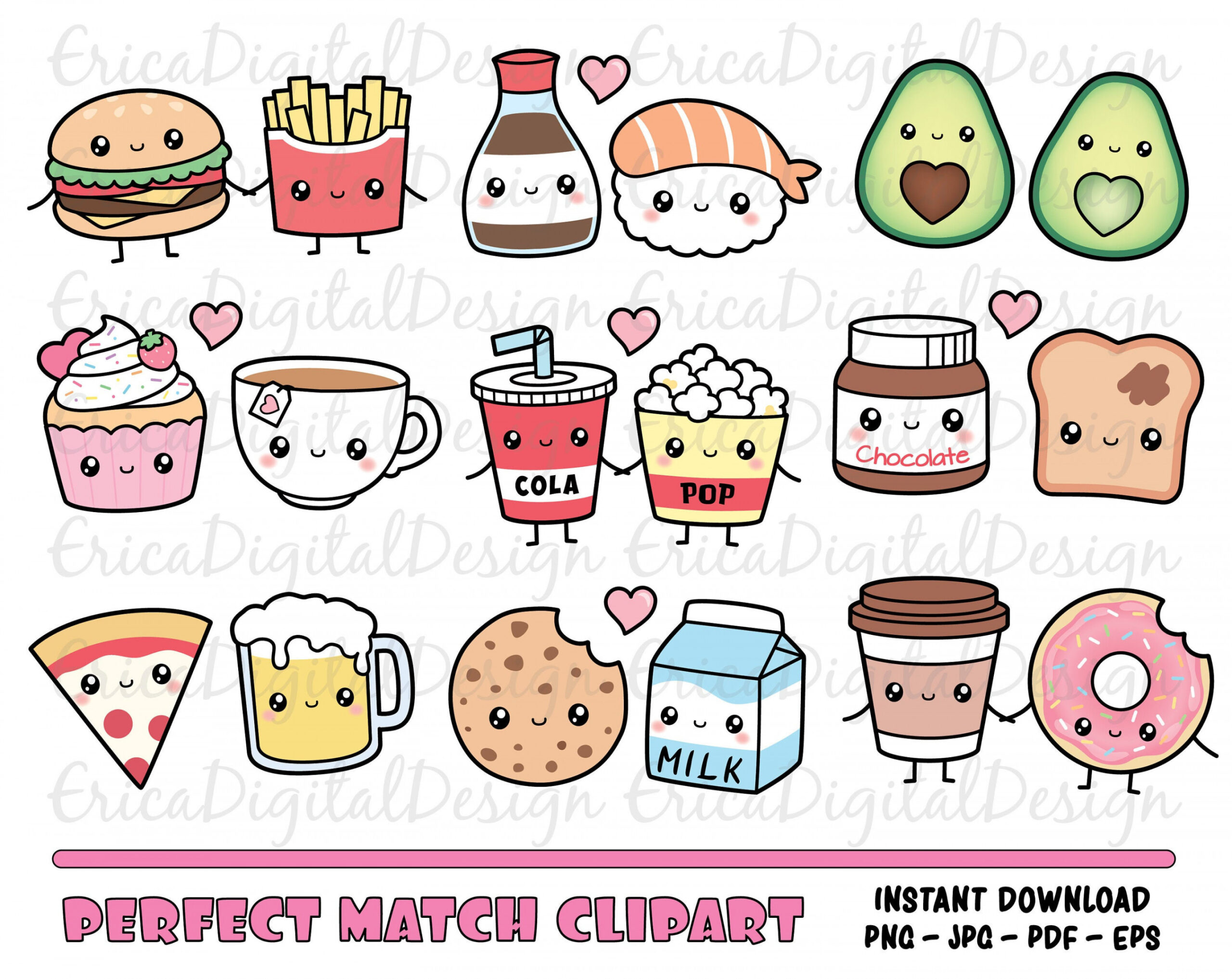 Perfect Match Kawaii Clipart Set Cute Food Clip Art Friendship - Etsy