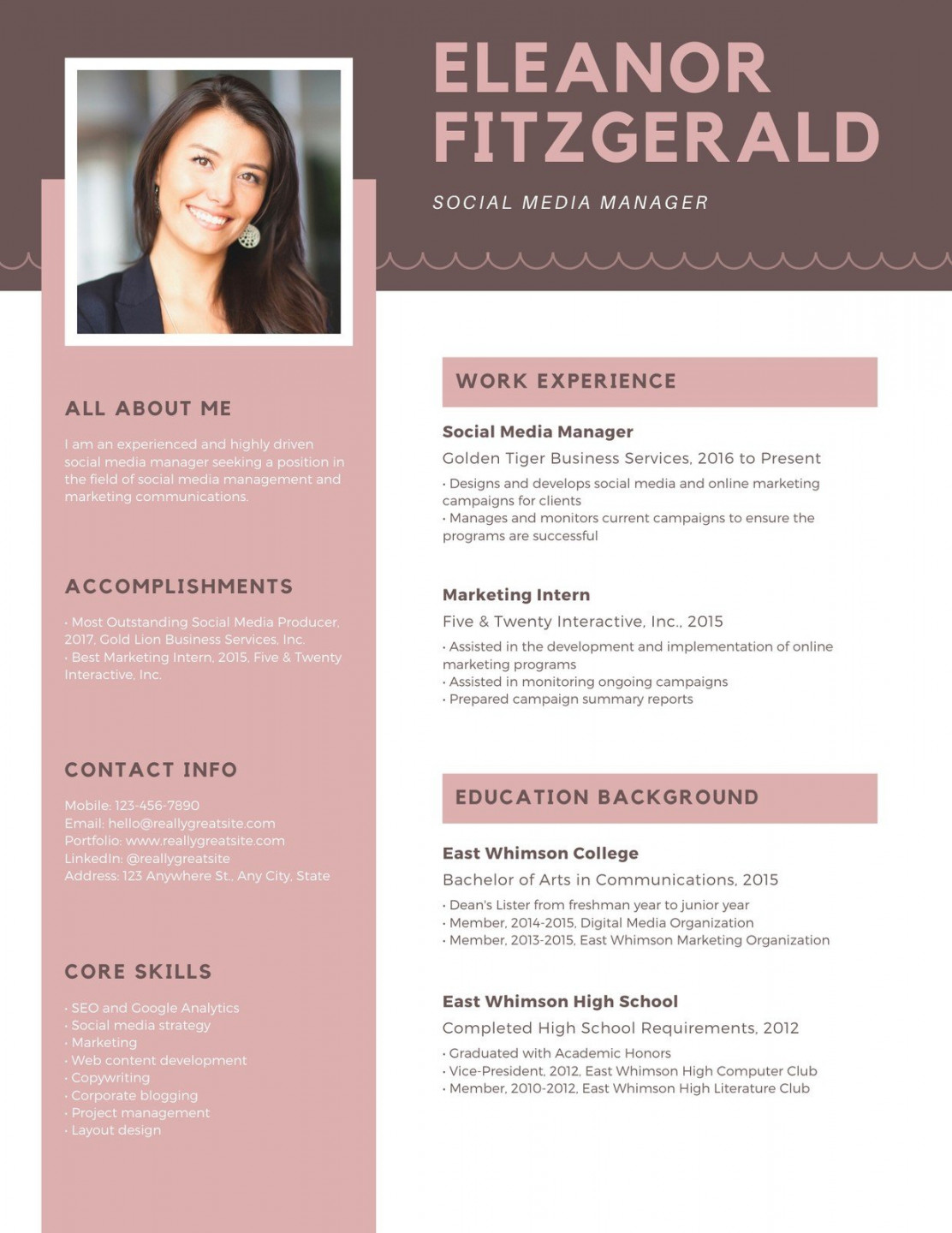 Pink Brown Simple Photo Modern Resume - Templates by Canva