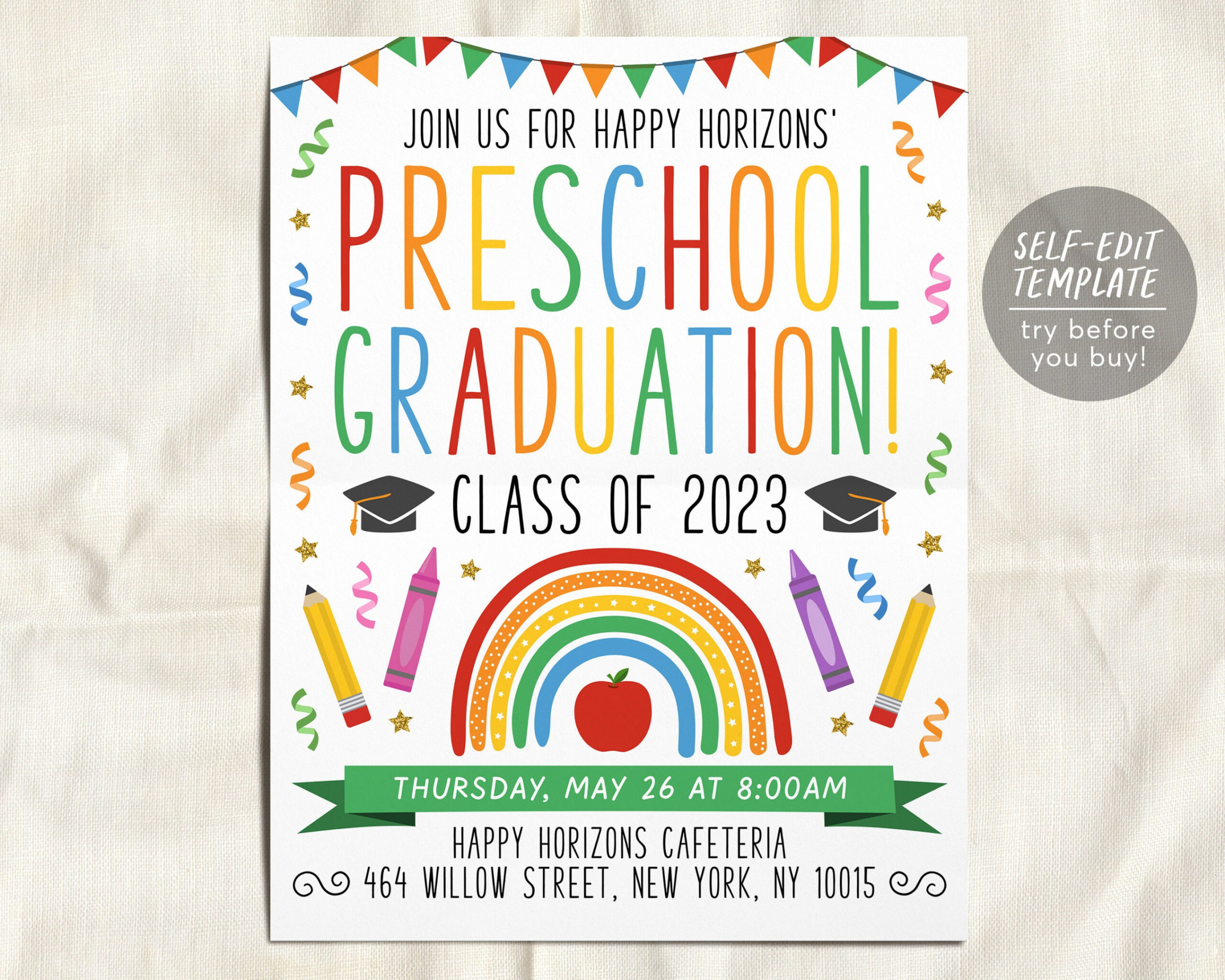 Preschool Graduation Invitation Flyer Editable Template, Pre-K Kindergarten  Class Graduation Announcement, Graduation Ceremony Invite Evite