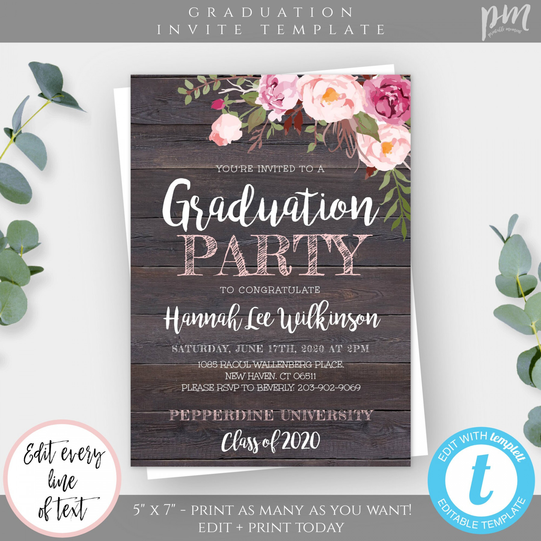 Rustic Floral Graduation Invitation Template Graduation Party - Etsy