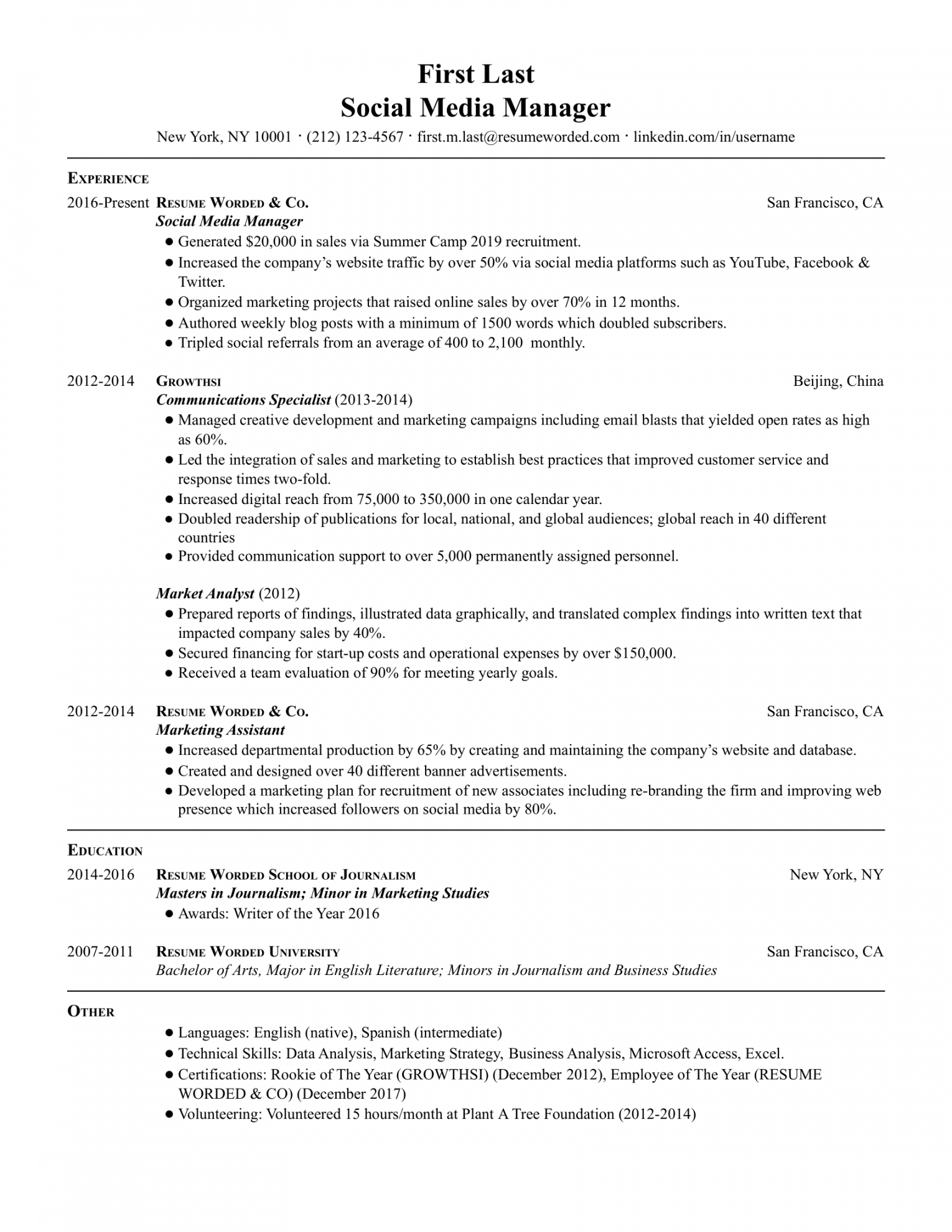 Social Media Manager Resume Examples for   Resume Worded