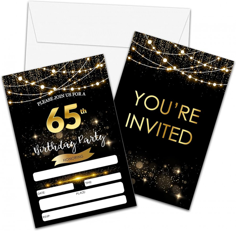 th Birthday Invitations with Envelopes - Black Gold Glitter to