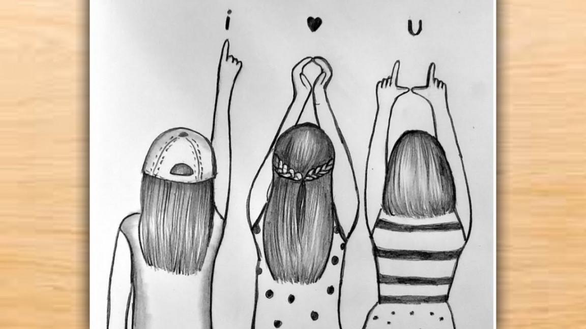 Three Best Friends Drawing / BFF Drawing Easy Step by Step / Best Friend  Pencil Drawing/Easy Drawing